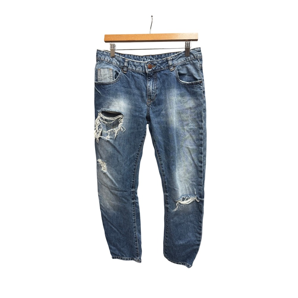 Zara Jeans Women Size 4 Blue Grunge Y2K Distressed Ripped Tapered Z1975 Denim